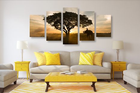 TABLOU 5-PIESE ELEFANT LA RĂSĂRITUL DE SOARE - TABLOU NATURĂ ȘI PEISAJE NATURALE - TABLOURI