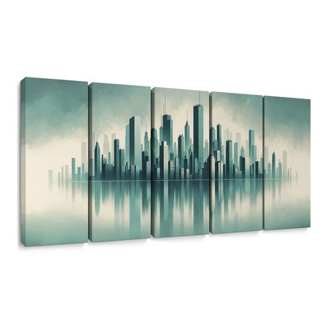5-DÍLNÝ OBRAZ SILUETA MĚSTA S ODRAZEM VE VODĚ - OBRAZY MĚSTA - OBRAZY