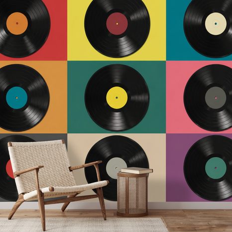 FOTOTAPETE RETRO-VINYLPLATTEN AUF BUNTEM HINTERGRUND - MUSIK FOTOTAPETEN - TAPETEN