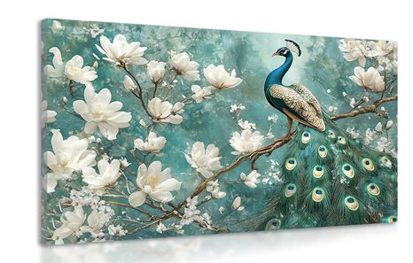 OBRAZ PÁV OBKLOPENÝ BÍLÝMI KVĚTY - OBRAZY - TOTÁLNÍ VÝPRODEJ 🔥