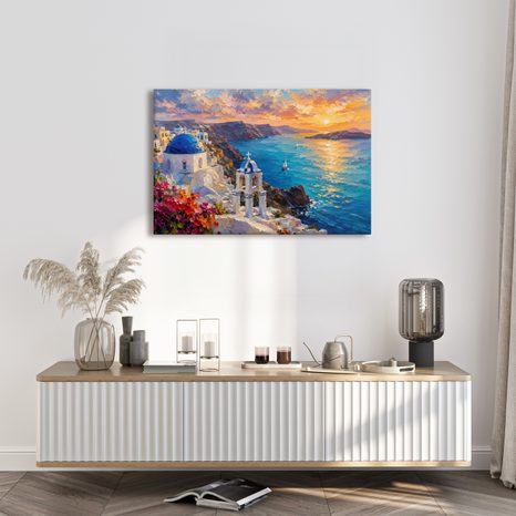 WANDBILD KÜSTE VON SANTORIN BEI SONNENUNTERGANG - BILDER VON SONNENAUFGANG UND SONNENUNTERGANG - BILDER