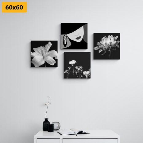 SET OBRAZŮ ELEGANCE ŽENY A KVĚTIN V ČERNOBÍLÉM PROVEDENÍ - SESTAVY OBRAZŮ - OBRAZY