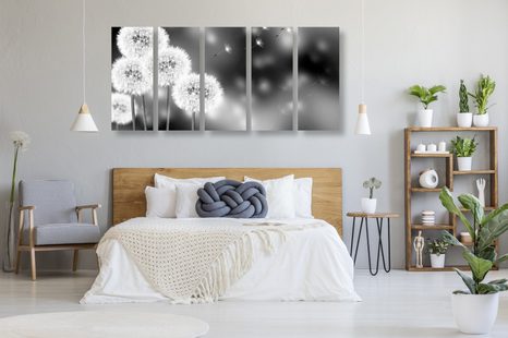 5-DÍLNÝ OBRAZ NADÝCHANÁ PAMPELIŠKA V ČERNOBÍLÉM PROVEDENÍ - ČERNOBÍLÉ OBRAZY - OBRAZY