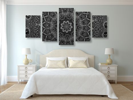 5-DELNA SLIKA ORIENTALSKA MANDALA V ČRNOBELI IZVEDBI - ČRNOBELE SLIKE - SLIKE
