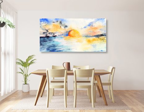 OBRAZ AKVARELOVÉ MOŘE A ZAPADAJÍCÍ SLUNCE - OBRAZY PŘÍRODY A KRAJINY - OBRAZY