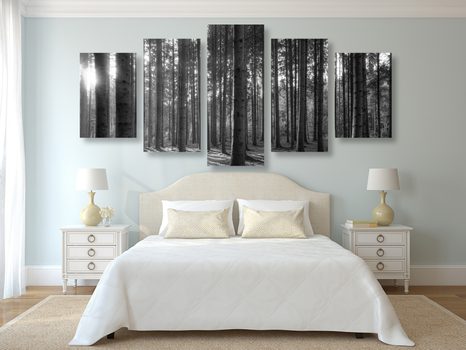 5 RÉSZES KÉP REGGEL AZ ERDŐBEN FEKETE FEHÉRBEN - FEKETE-FEHÉR KÉPEK - KÉPEK