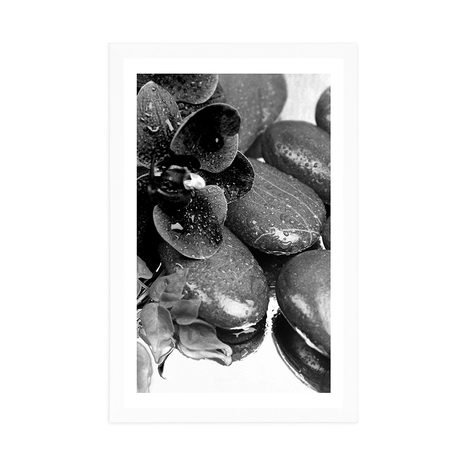 PLAKAT S PASPARTUOM ORHIDEJA U CVATU I WELLNESS KAMENJE U CRNO-BIJELOM DIZAJNU - CRNO-BIJELE - PLAKATI