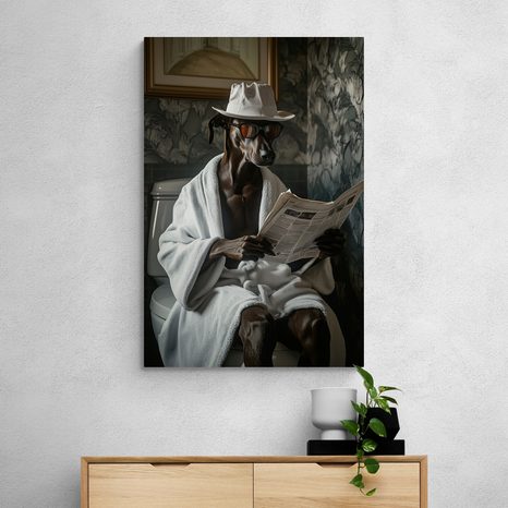 OBRAZ PES S NOVINAMI NA ZÁCHODE - OBRAZY PSY - OBRAZY