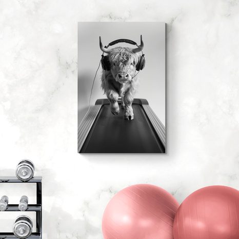 WANDBILD KUH MIT KOPFHÖRERN AUF DEM LAUFBAND - WANDBILDER BÜFFEL UND KÜHE - BILDER