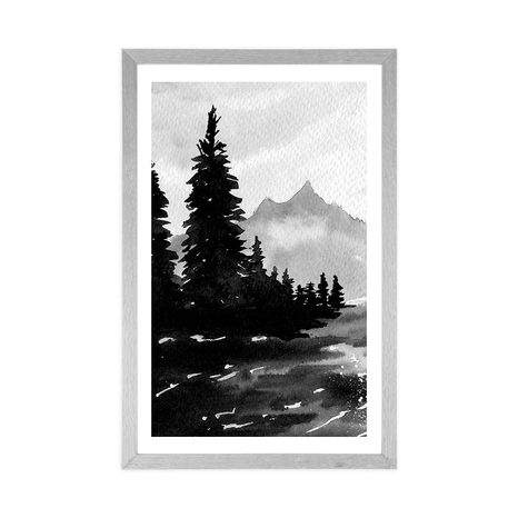 POSTER WITH MOUNT ARTISTIC LANDSCAPE IN BLACK AND WHITE - BLACK AND WHITE - POSTERS