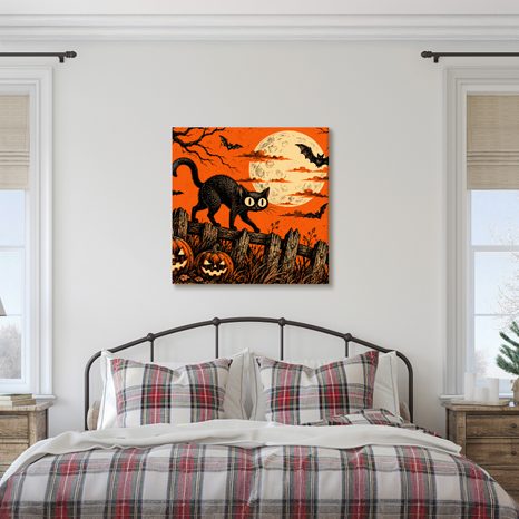 QUADRO SU TELA – GATTO DI HALLOWEEN TRA LE ZUCCHE - QUADRI HALLOWEEN E HORROR - STAMPE E QUADRI