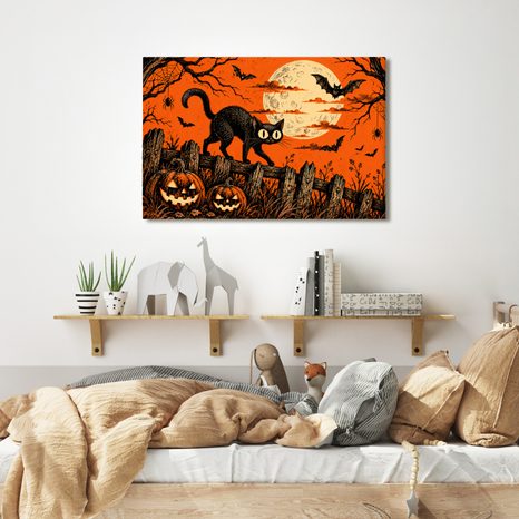 QUADRO SU TELA – GATTO NERO SOTTO LA LUNA - QUADRI HALLOWEEN E HORROR - STAMPE E QUADRI
