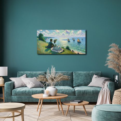 QUADRO SU TELA – COPPIA CHE OSSERVA LA BARCA A VELA - QUADRI MARE E SPIAGGIA - STAMPE E QUADRI