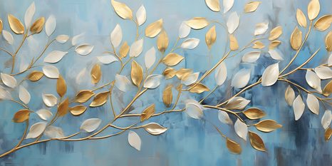 OBRAZ ZLATO-BÍLÉ LISTY NA MODRÉM POZADÍ - OBRAZY STROMY A LISTY - OBRAZY