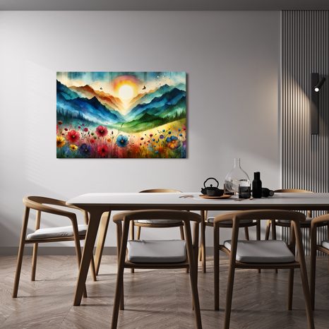 WANDBILD BERGE IN REGENBOGENFARBEN MIT WIESE - WANDBILDER FELDER UND WIESEN - BILDER