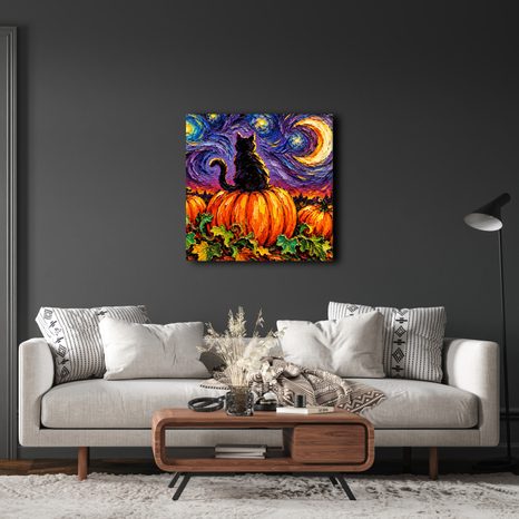 QUADRO SU TELA – GATTO TRA ZUCCHE E LUNA - QUADRI HALLOWEEN E HORROR - STAMPE E QUADRI