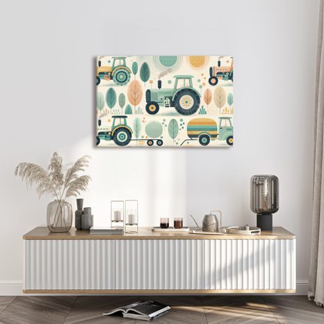 WANDBILD TRAKTOREN IN SPIELERISCHER LANDSCHAFT - KINDERBILDER VERKEHRSMITTEL - BILDER