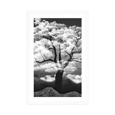 POSTER WITH MOUNT BLACK AND WHITE TREE COVERED IN CLOUDS - BLACK AND WHITE - POSTERS