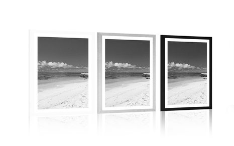 POSTER MIT PASSEPARTOUT STRAND ANSE SOURCE IN SCHWARZ-WEISS - SCHWARZ-WEISS - POSTER