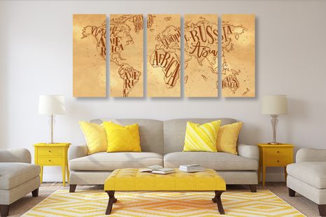 5-DÍLNÝ OBRAZ MODERNÍ MAPA SVĚTA NA VINTAGE PODKLADĚ - OBRAZY MAPY - OBRAZY