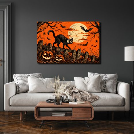 QUADRO SU TELA – GATTO NERO SOTTO LA LUNA - QUADRI HALLOWEEN E HORROR - STAMPE E QUADRI
