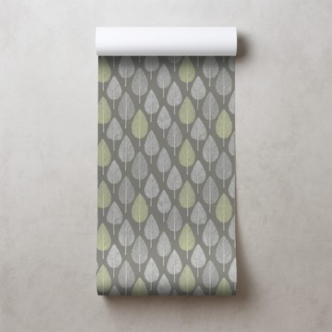 TAPETA ŠEDÉ A ZELENÉ LISTY NA ŠEDÉM POZADÍ - VZOROVANÉ TAPETY - TAPETY