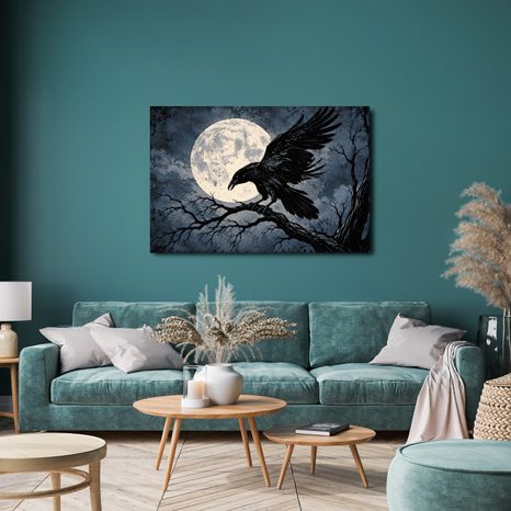 QUADRO SU TELA – CORVO AL CHIARO DI LUNA - QUADRI HALLOWEEN E HORROR - STAMPE E QUADRI