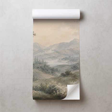 ZELFKLEVEND FOTOBEHANG VINTAGE BERGLANDSCHAP IN BEIGETINTEN - FOTOBEHANG BERGEN - FOTOBEHANG
