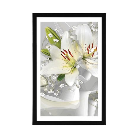 PLAKAT S PASPARTUOM BIJELI LJILJAN NA ZANIMLJIVOJ POZADINI - CVIJEĆE - PLAKATI
