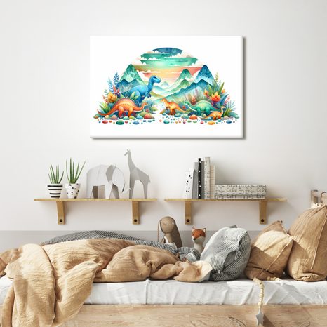 WANDBILD BUNTE DINOSAURIER IN DEN BERGEN - KINDERBILDER TIERE - BILDER