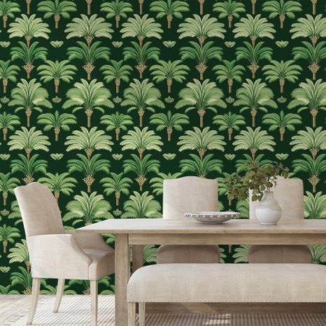 TAPETA ZELENÉ PALMY NA TMAVÉM POZADÍ - VZOROVANÉ TAPETY - TAPETY