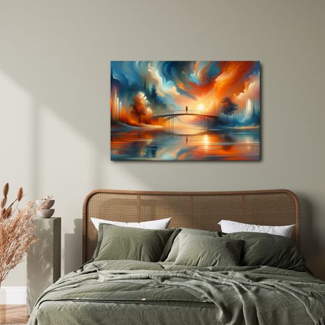 WANDBILD SILHOUETTE AUF BRÜCKE BEI SONNENUNTERGANG - BILDER VON SONNENAUFGANG UND SONNENUNTERGANG - BILDER