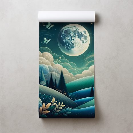 TAPETE NÄCHTLICHE MÄRCHENLANDSCHAFT MIT FLIEGENDEN SCHMETTERLINGEN - UNIVERSUM- UND STERNE-TAPETEN - TAPETEN