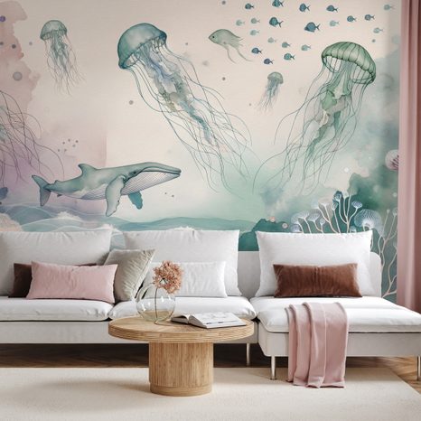 SAMOLEPÍCÍ FOTOTAPETA PODMOŘSKÝ SVĚT V PASTELOVÝCH BARVÁCH - TAPETY MOŘŠTÍ ŽIVOČICHOVÉ - TAPETY