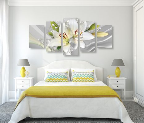 QUADRI 5 PEZZI – GIGLIO BIANCO SU SFONDO INTERESSANTE - QUADRI DI FIORI - STAMPE E QUADRI