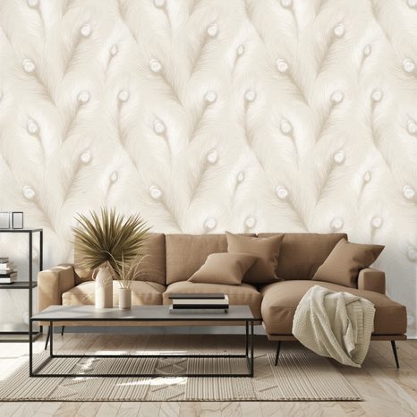 TAPETA BÉŽOVÉ PÁVOVÉ PEŘÍ V GLAMOUR STYLU - VZOROVANÉ TAPETY - TAPETY