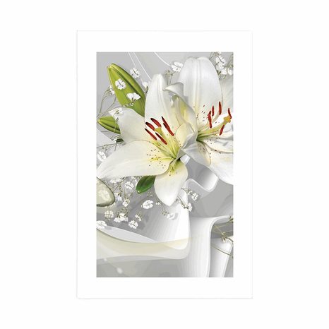 PLAKAT S PASPARTUOM BIJELI LJILJAN NA ZANIMLJIVOJ POZADINI - CVIJEĆE - PLAKATI