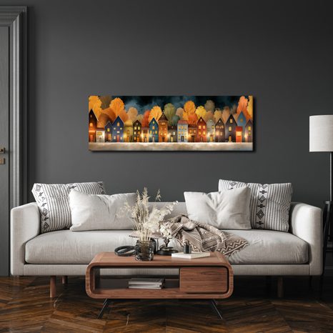 OBRAZ ZIMNÍ POHÁDKA U ŘEKY - BAREVNÉ DOMY - OBRAZY