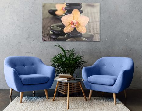 WANDBILD GELBE ORCHIDEE UND ZEN-STEINE - BILDER MIT FENG SHUI-MOTIVEN - BILDER