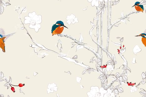 CARTA DA PARATI – UCCELLINI NELLA FORESTA FITTA CON SFONDO BEIGE - CARTA DA PARATI ANIMALI - CARTA DA PARATI