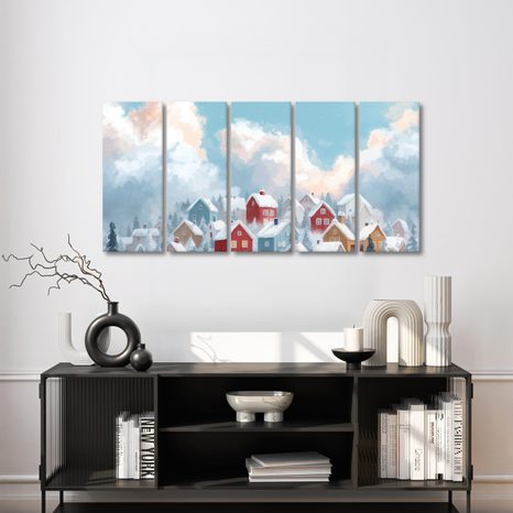 5-DÍLNÝ OBRAZ ZIMNÍ POHÁDKA VESNICE - VÁNOČNÍ A ZIMNÍ OBRAZY - PICTURES