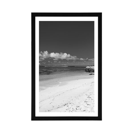 POSTER MIT PASSEPARTOUT STRAND ANSE SOURCE IN SCHWARZ-WEISS - SCHWARZ-WEISS - POSTER