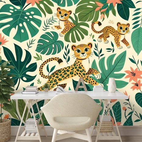SELBSTKLEBENDE TAPETE NIEDLICHE LEOPARDENBABYS IM DSCHUNGEL - KINDERTAPETEN - TAPETEN