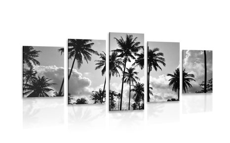 TABLEAU EN 5 PARTIES – PALMIERS DE COCO SUR LA PLAGE EN NOIR ET BLANC - TABLEAUX EN NOIR ET BLANC - TABLEAUX