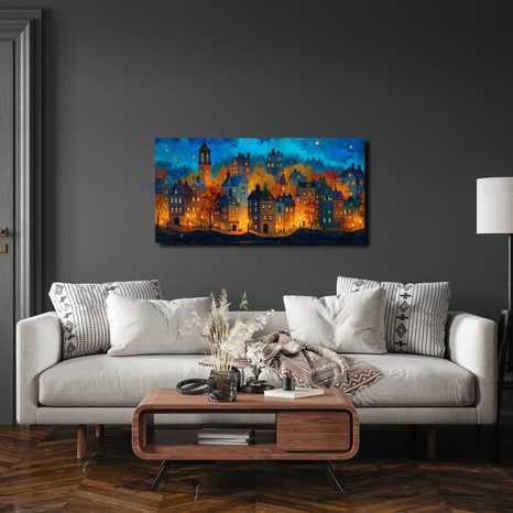 OBRAZ MĚSTO POD HVĚZDAMI - BAREVNÉ DOMY - OBRAZY