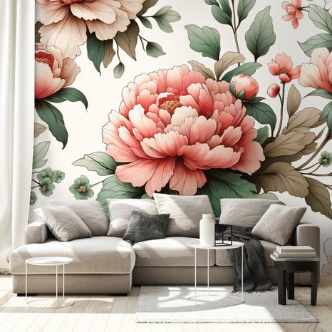 TAPETE ROMANTISCHE ROSA PFINGSTROSEN - TAPETEN MIT BLUMENMOTIVEN - TAPETEN