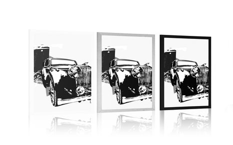 PLAGÁT ČIERNOBIELE RETRO AUTO S ABSTRAKCIOU - ČIERNOBIELE - PLAGÁTY