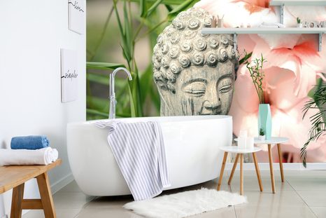 CARTA DA PARATI – STATUA DI BUDDHA NEL GIARDINO ZEN - CARTA DA PARATI FENG SHUI - CARTA DA PARATI