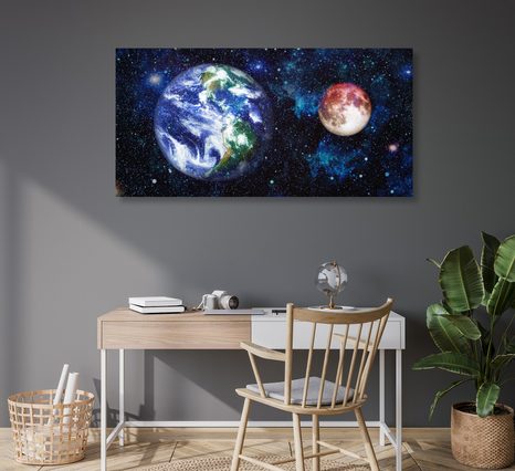 WANDBILD PLANET ERDE UND DER ROTE MOND - BILDER VON UNIVERSUM UND STERNEN - BILDER