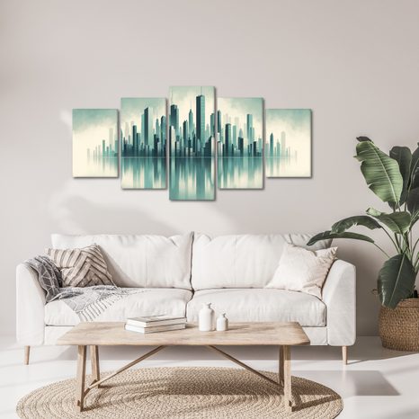 5-DÍLNÝ OBRAZ MRAKODRAPY ZAHALENÉ V MLZE - OBRAZY MĚSTA - OBRAZY